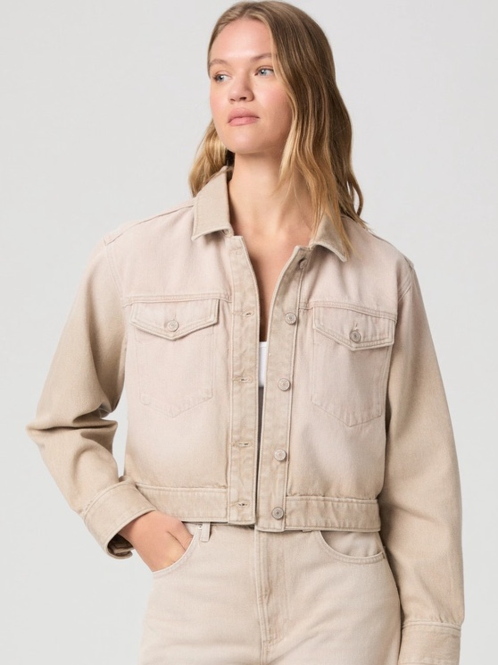 PAIGE Beige Cropped Jean Jacket